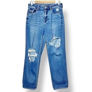 American Eagle Mom‎ Straight Jeans 10 distressed ripped high rise waist stretch